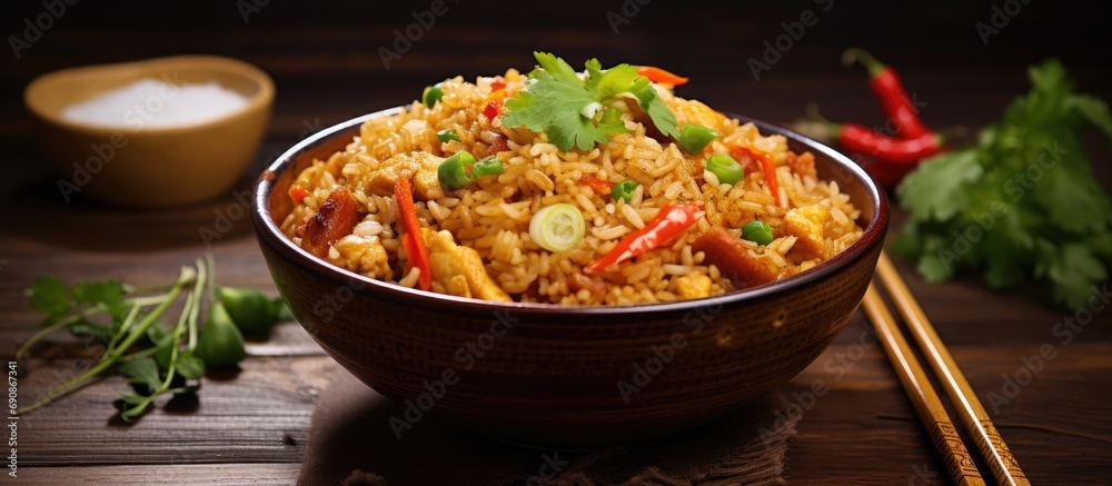 Chicken fried rice is a popular Indo-Chinese street food served with chopsticks. Chicken fried rice is a popular Indo-Chinese street food served with chopsticks.