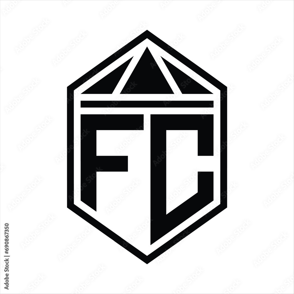 FC Letter Logo monogram simple hexagon shield shape with triangle crown isolated style design FC Letter Logo monogram simple hexagon shield shape with triangle crown isolated style design