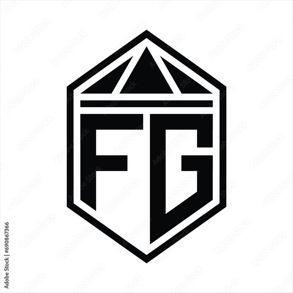 FG Letter Logo monogram simple hexagon shield shape with triangle crown isolated style design FG Letter Logo monogram simple hexagon shield shape with triangle crown isolated style design