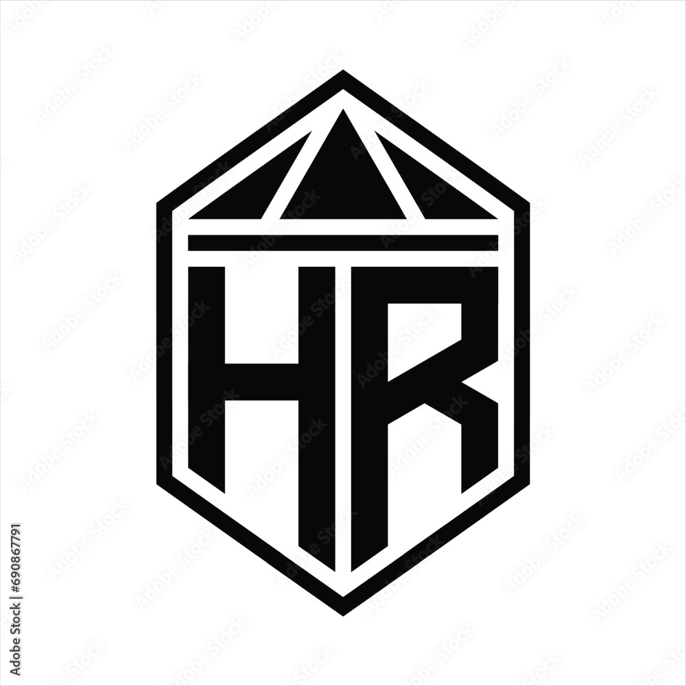 HR Letter Logo monogram simple hexagon shield shape with triangle crown isolated style design HR Letter Logo monogram simple hexagon shield shape with triangle crown isolated style design