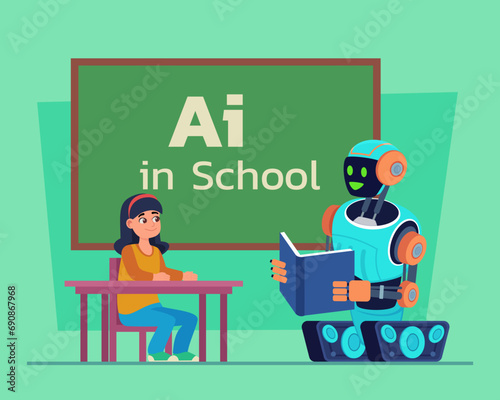 AI robot reading book to school girl in classroom. Vector illustration. Artificial intelligence in school, modern technology in education concept