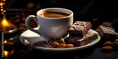 A cup of coffee and chocolate on a plate  Coffee Break  Cup of Brew with Gourmet Chocolates 