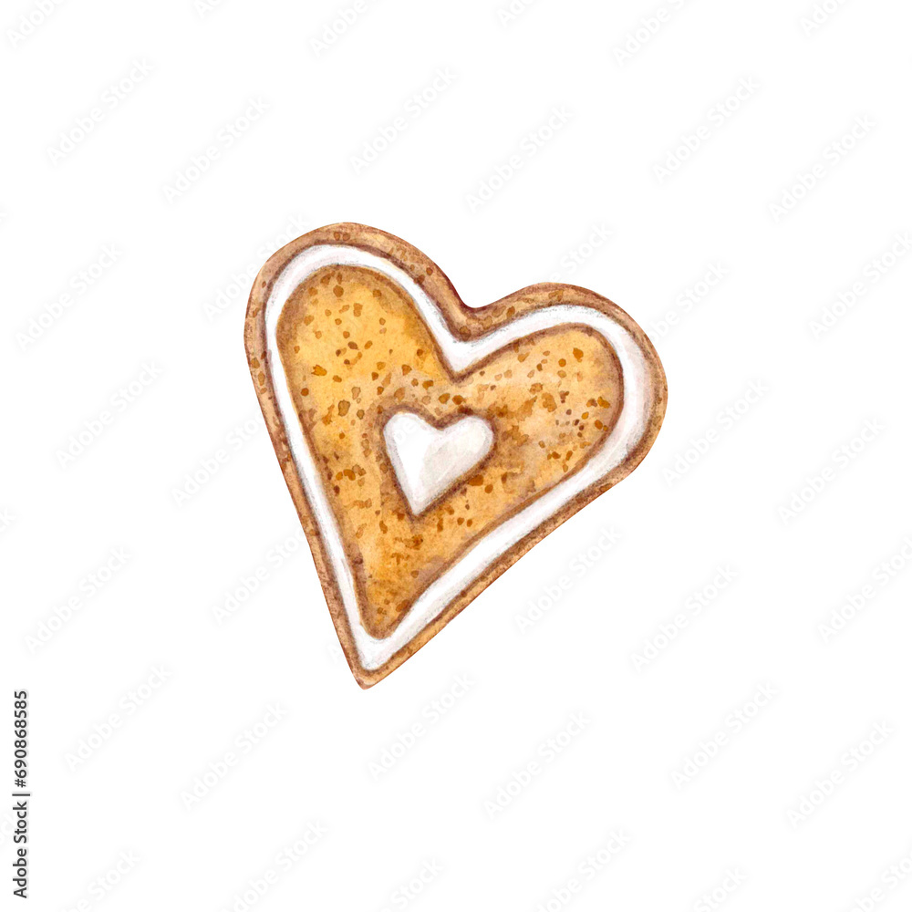 Heart-shaped ginger cookies with white icing. Hand drawn watercolor illustration. Holiday baking. Isolated element on white background.