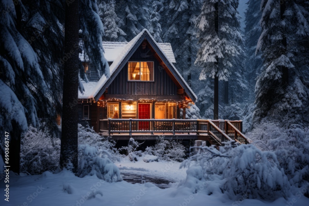 Photo of a cozy winter cabin nestled in a snowy forest. Generative AI