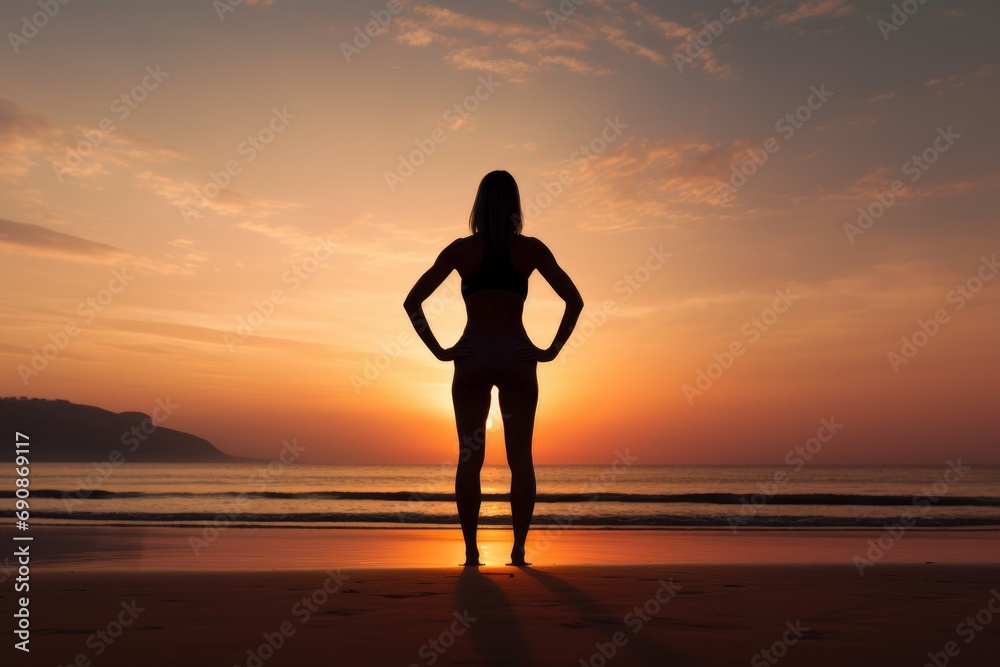 Photo of a fitness instructor on a beach at sunrise. Generative AI