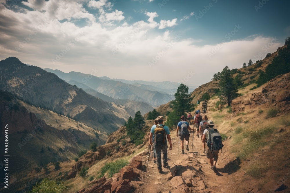 Photo of a group of diverse hikers exploring a rugged mountain trail. Generative AI