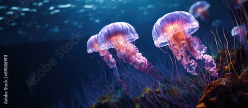 Purple jellyfish swim in their natural habitat with sunlight reaching through the water surface. © 2rogan