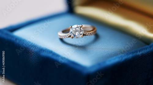 a golden engagement ring presented in a deep blue ring box set against a clean white canvas. © balqees