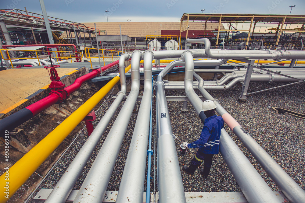 Male worker painted gray at pipeline oil