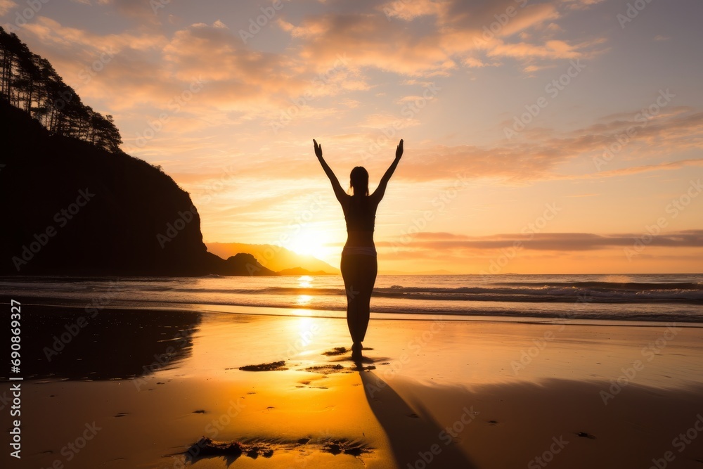Photo of a instructor yoga on a beach at sunrise. Generative AI