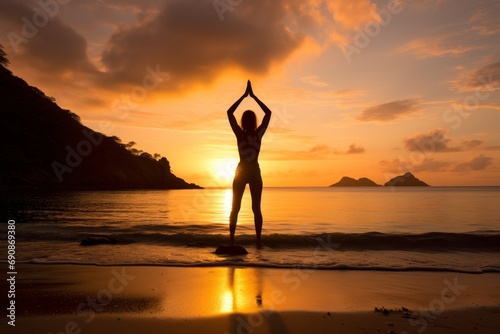 Photo of a instructor yoga on a beach at sunrise. Generative AI
