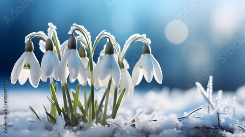 Snowdrops emerging from snow, signaling spring's arrival, against a backdrop of soft blue light, imbolc theme photo