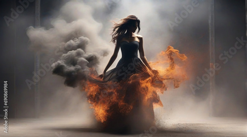 A modern abstract background with burst smoke with fire, in that fire a silhouette female model in a dress in that burst of smoke illustrating a phoenix bird, dust and fire, bomb blast, show speed