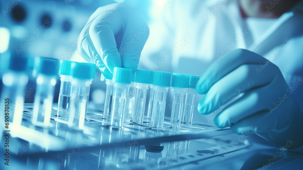 Close up of a lab technician holding test tube for analysis Close up of a lab technician holding test tube for analysis