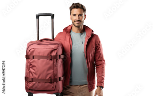 Pleased Fella Carries Travel Wheel Bag Isolated on a Transparent Background PNG. photo