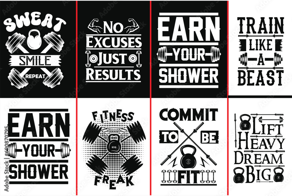 Gym workout bundle, fitness, strong, exercise, grunge, gym, inspiration, motivation, muscle, success, typography, badge, emblem, graphic, inspirational vector design for print-on-demand 