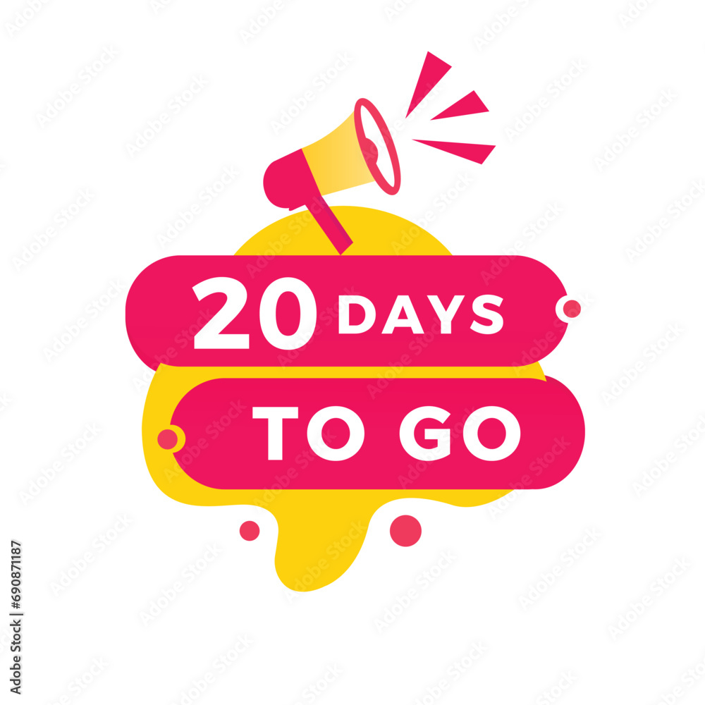 20 days to go countdown banner with megaphone. Modern label design days left icon. count time sale announcement vector.