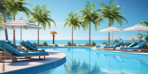 Luxurious beach resort with swimming pool and beach chairs or loungers umbrellas with palm trees and blue sky © Intelligence Studio