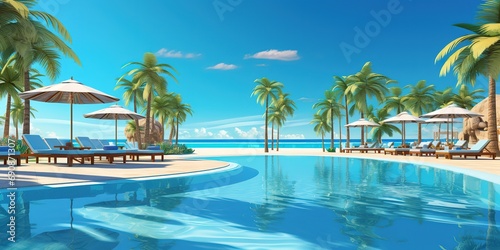 Luxurious beach resort with swimming pool and beach chairs or loungers umbrellas with palm trees and blue sky