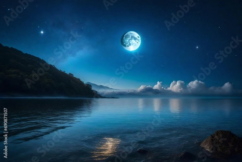 romantic moon with clouds and stary sky over sparking blue water