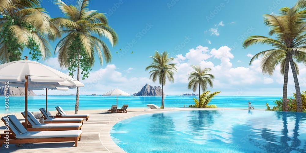 Luxurious beach resort with swimming pool and beach chairs or loungers umbrellas with palm trees and blue sky