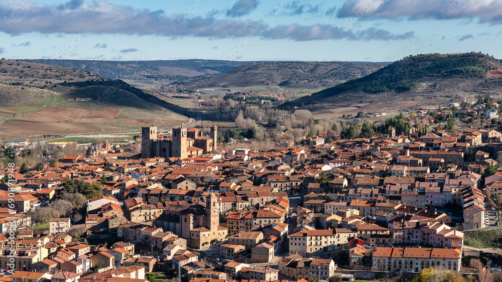 Panoramic view of the medieval town of Siguenza with its ancient cathedral in the center, Castilla La Mancha.