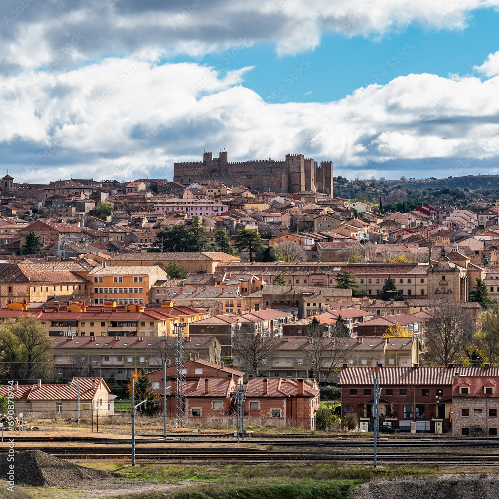 Panoramic view of the medieval town of Siguenza with its historical monuments, Guadalajara, Spain.