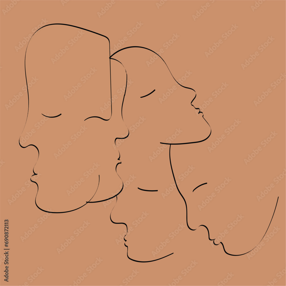 Man and woman face silhouette, profile view. Vector illustration in outline style