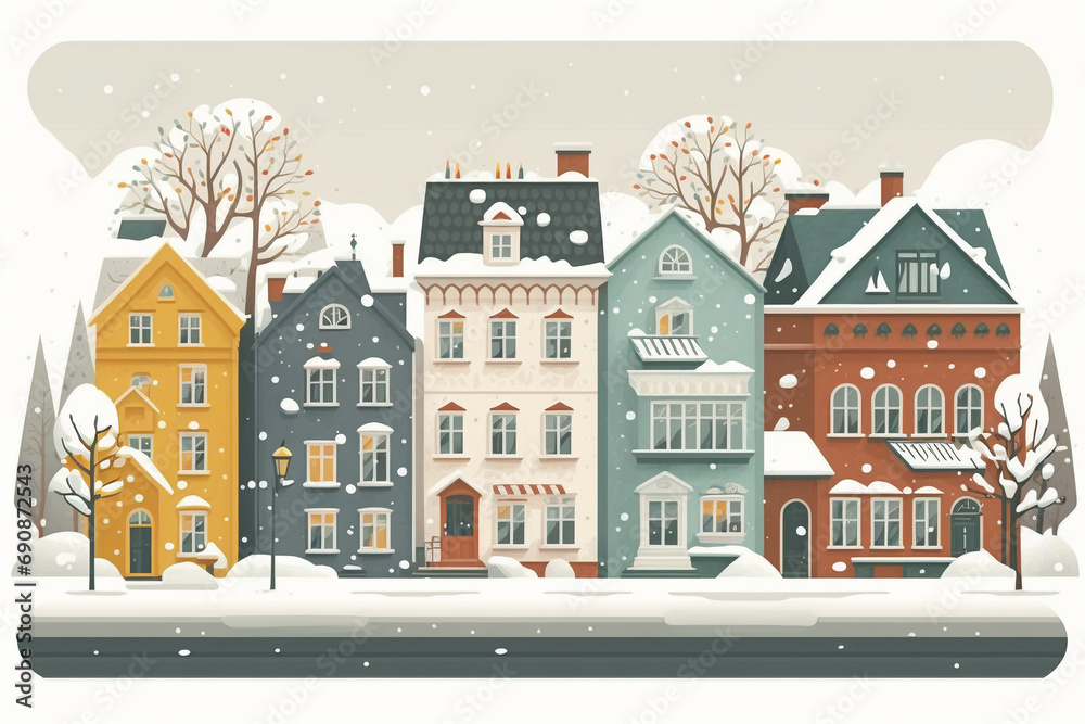 Winter Europe old town street. Winter town, city panorama. Happy New Year and Merry Christmas. Horizontal banner in Scandinavian style. Winter Europe old town street. Winter town, city panorama. Happy New Year and Merry Christmas. Horizontal banner in Scandinavian style.