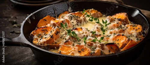 Close-up of cast-iron skillet with roasted sweet potato parmesan gratin.
