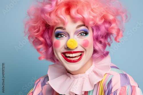 Woman dressed up with pastel colored clown costume with pink curly wig, yellow clown nose and face paint in front blue background