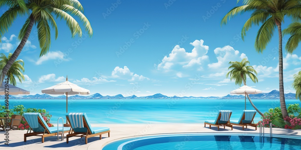 Luxurious beach resort with swimming pool and beach chairs or loungers umbrellas with palm trees and blue sky