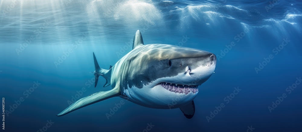 Terrifying image of the mighty great white shark, always poised to attack its prey. Terrifying image of the mighty great white shark, always poised to attack its prey.