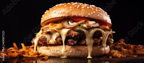 A tasty burger with Swiss cheese and fried mushrooms on a kaiser bun. photo