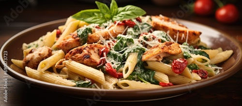 Chicken, sun dried tomatoes, spinach, and cheese on top of penne pasta, served on a ceramic plate from a top view.