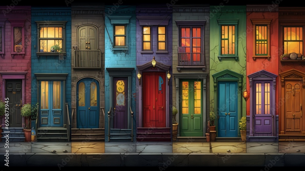 a picturesque scene featuring a variety of colorful doors, each telling its own story, evoking a sense of mystery and exploration.