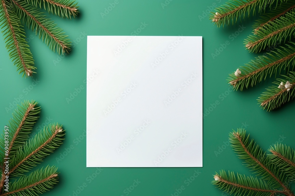 Empty paper on Christmas green background with fir, flat lay with generative ai
