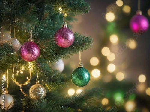 Christmas tree with ornaments on a bokeh sparkling background.