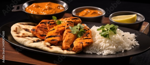 Spiced curry sauce served with rice and naan bread, containing marinated chicken chunks.