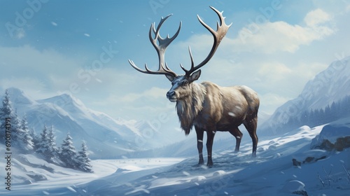 A regal reindeer majestically traversing a snowy wilderness  its large antlers symbolizing the grandeur of the winter season.