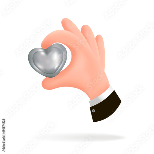 A 3D cartoon human hand holds a heart. Vector illustration.