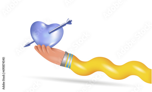 A 3D cartoon human hand holds a heart. Vector illustration.
