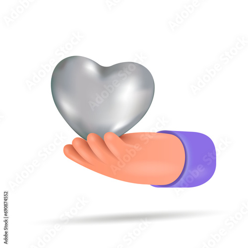 A 3D cartoon human hand holds a heart. Vector illustration.