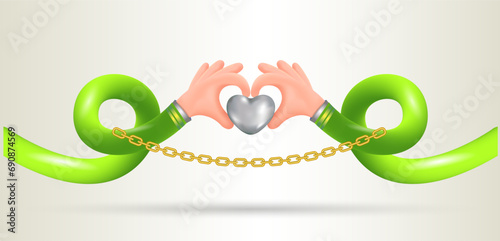 A 3D cartoon human hand holds a heart. Vector illustration.