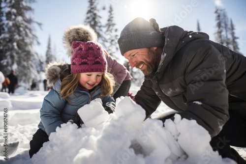 Family building an impressive snow fort together, collaborative winter activity