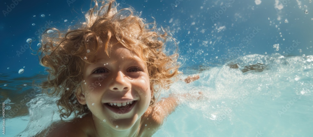 A healthy child exercises in a swimming pool, using foam to practice swimming, and enjoys an active lifestyle on summer vacation.