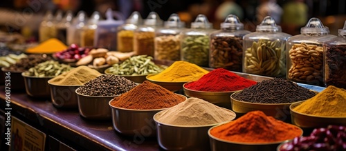 Spices for sale at a stand in Dubai market.