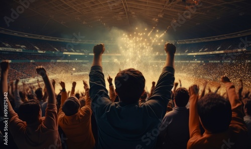back view of fans celebrating victory in soccer stadium. Generative AI photo