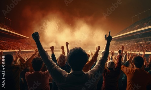 back view of fans celebrating victory in soccer stadium. Generative AI © Pixel Hues