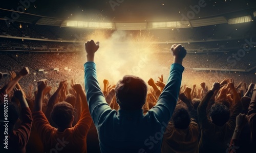 back view of fans celebrating victory in soccer stadium. Generative AI photo